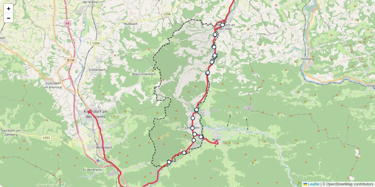 Nahverkehrsnetz in grunburg, Österreich - Buslinien, Haltestellen und Verbindungen auf der Karte