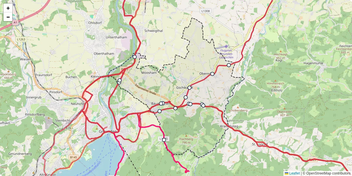 Nahverkehrsnetz in gschwandt, Österreich - Buslinien, Haltestellen und Verbindungen auf der Karte