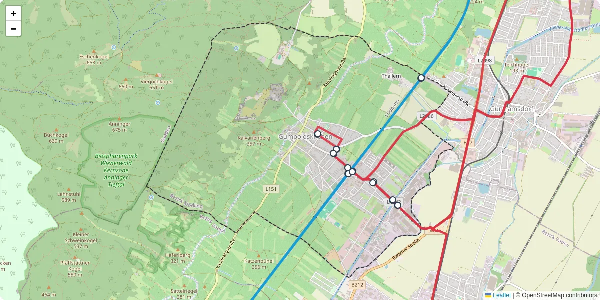Nahverkehrsnetz in gumpoldskirchen, Österreich - Buslinien, Haltestellen und Verbindungen auf der Karte