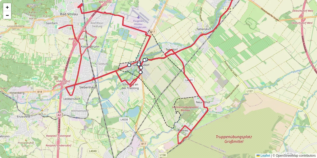 Nahverkehrsnetz in gunselsdorf, Österreich - Buslinien, Haltestellen und Verbindungen auf der Karte