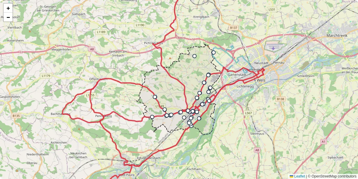 Nahverkehrsnetz in gunskirchen, Österreich - Buslinien, Haltestellen und Verbindungen auf der Karte
