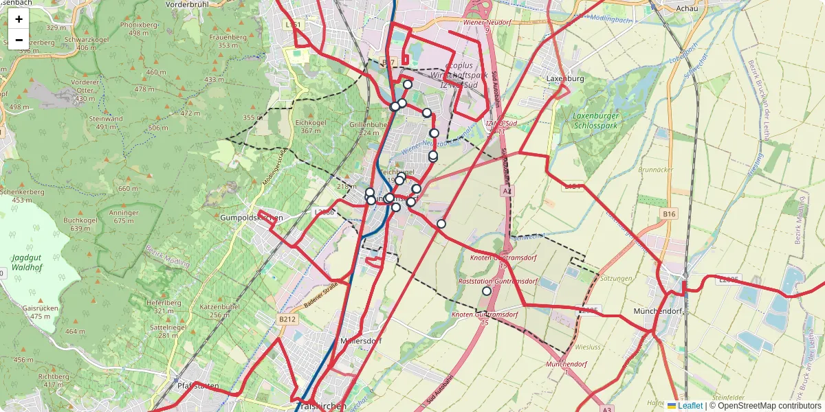 Nahverkehrsnetz in guntramsdorf, Österreich - Buslinien, Haltestellen und Verbindungen auf der Karte