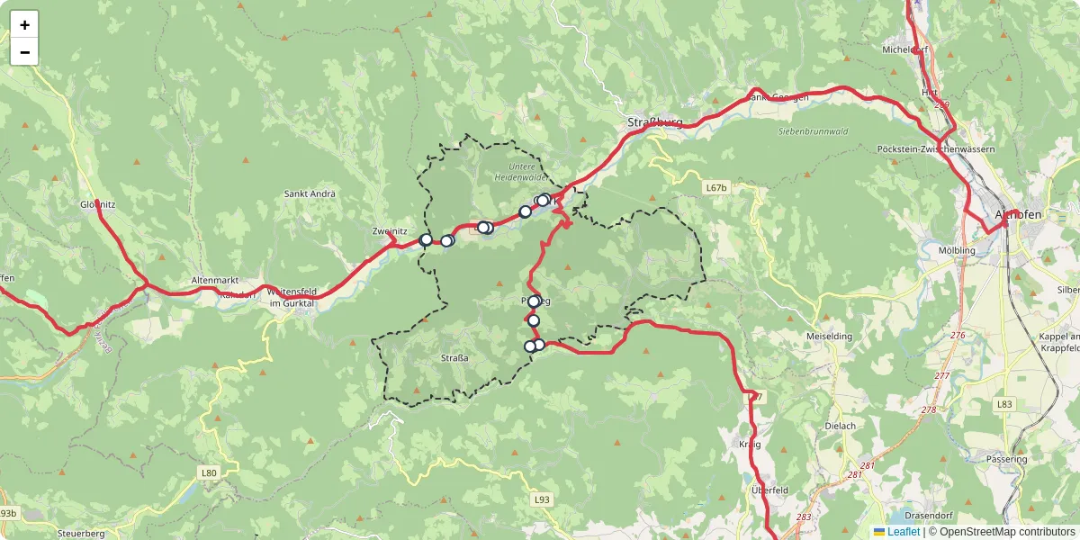 Nahverkehrsnetz in gurk, Österreich - Buslinien, Haltestellen und Verbindungen auf der Karte
