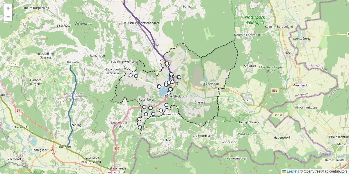 Nahverkehrsnetz in gussing, Österreich - Buslinien, Haltestellen und Verbindungen auf der Karte