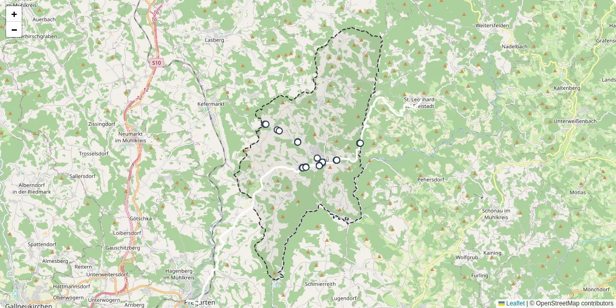 Nahverkehrsnetz in gutau, Österreich - Buslinien, Haltestellen und Verbindungen auf der Karte
