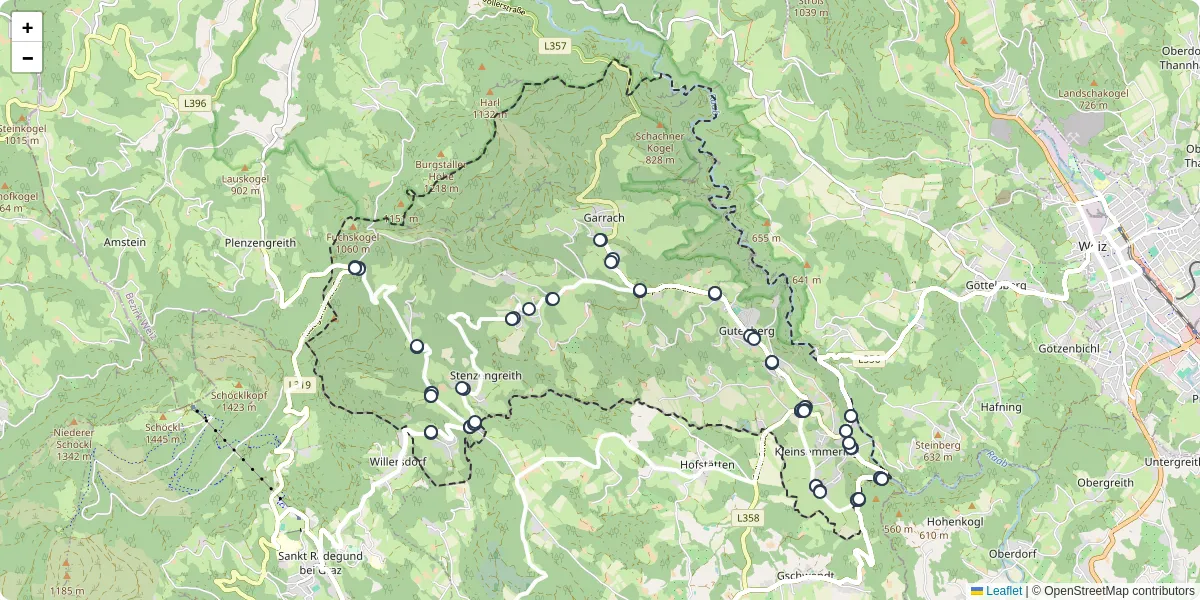 Nahverkehrsnetz in gutenberg, Österreich - Buslinien, Haltestellen und Verbindungen auf der Karte