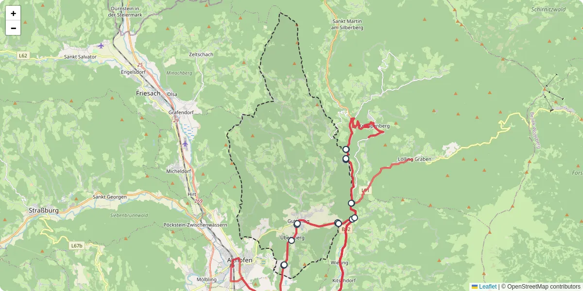 Nahverkehrsnetz in guttaring, Österreich - Buslinien, Haltestellen und Verbindungen auf der Karte