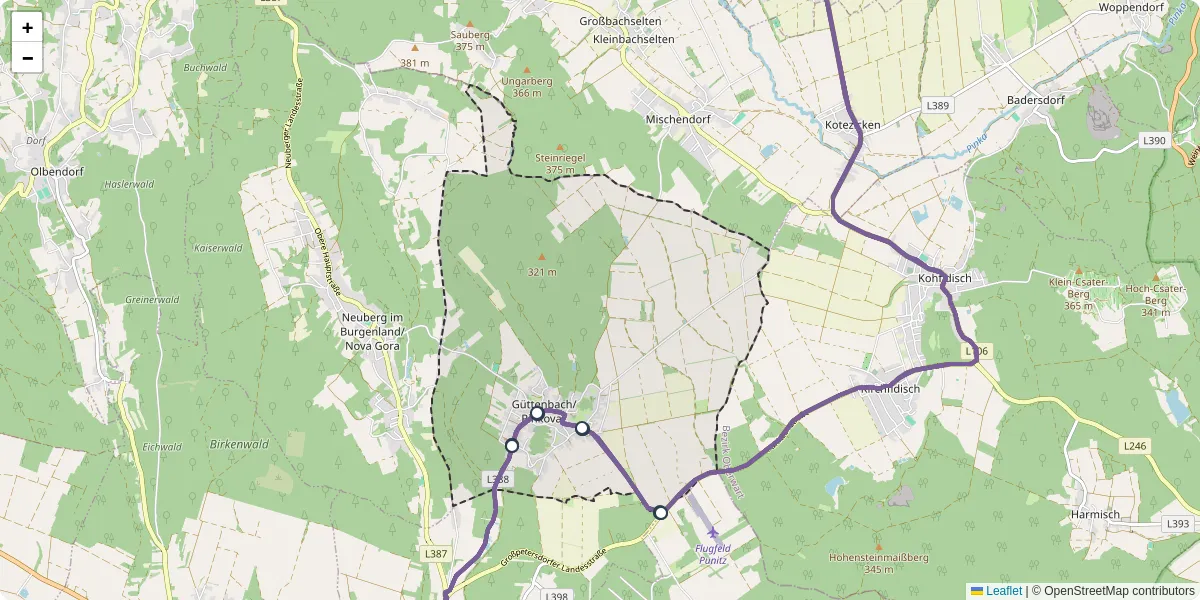 Nahverkehrsnetz in guttenbachpinkovac, Österreich - Buslinien, Haltestellen und Verbindungen auf der Karte