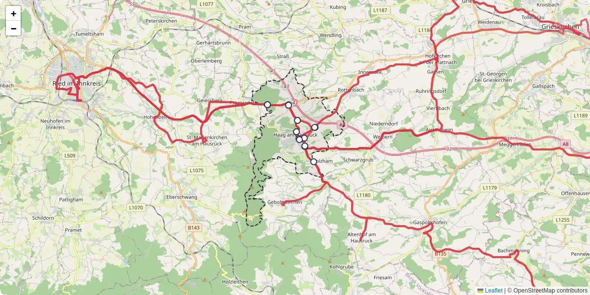 Nahverkehrsnetz in haag-am-hausruck, Österreich - Buslinien, Haltestellen und Verbindungen auf der Karte