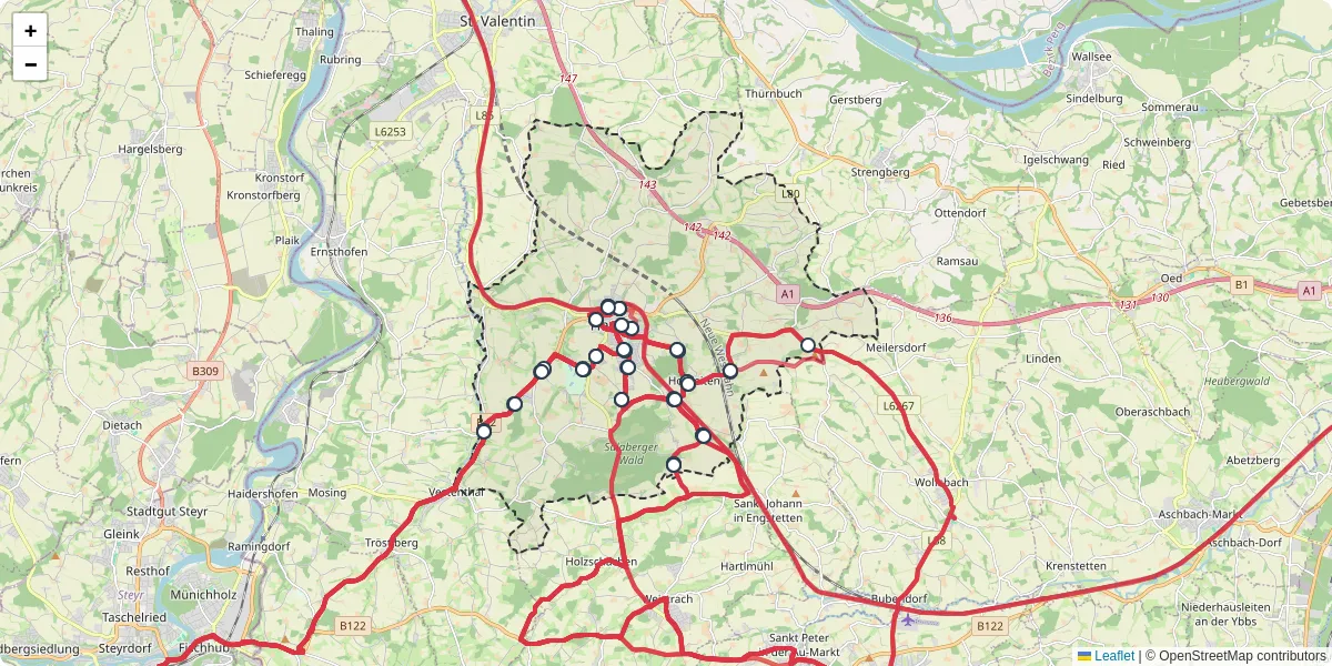 Nahverkehrsnetz in haag, Österreich - Buslinien, Haltestellen und Verbindungen auf der Karte
