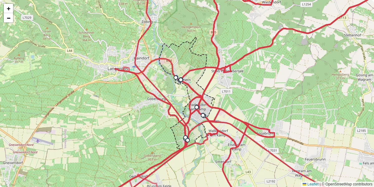 Nahverkehrsnetz in hadersdorf-kammern, Österreich - Buslinien, Haltestellen und Verbindungen auf der Karte