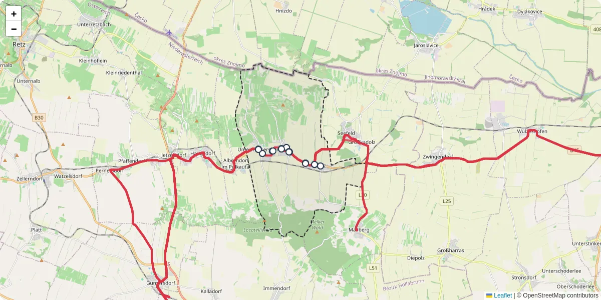 Nahverkehrsnetz in hadres, Österreich - Buslinien, Haltestellen und Verbindungen auf der Karte