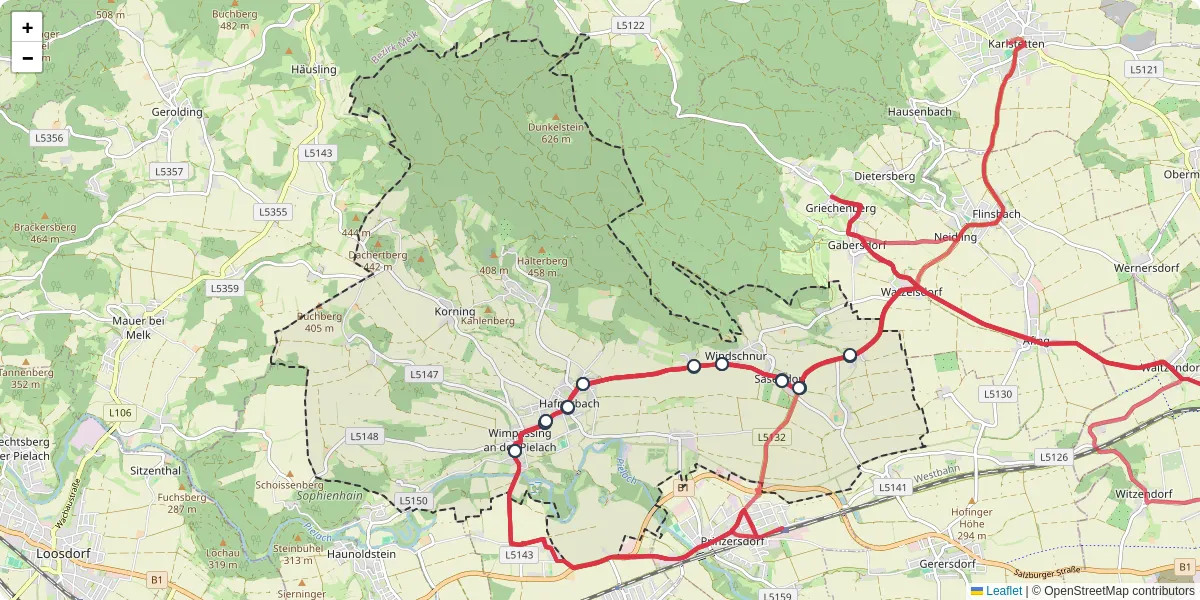 Nahverkehrsnetz in hafnerbach, Österreich - Buslinien, Haltestellen und Verbindungen auf der Karte