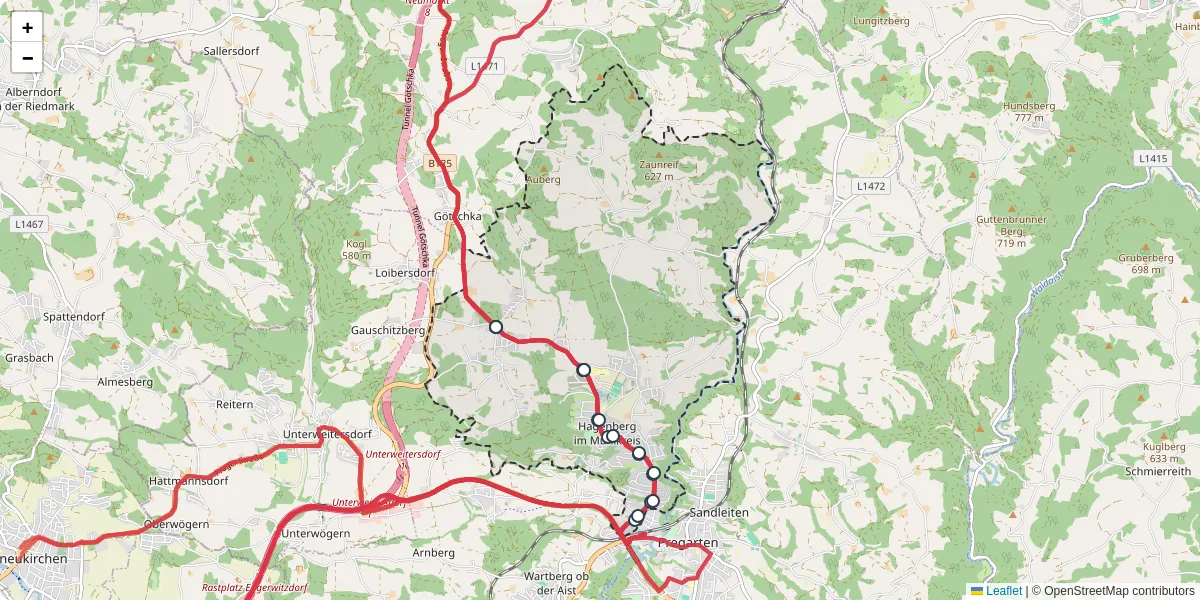 Nahverkehrsnetz in hagenberg-im-muhlkreis, Österreich - Buslinien, Haltestellen und Verbindungen auf der Karte