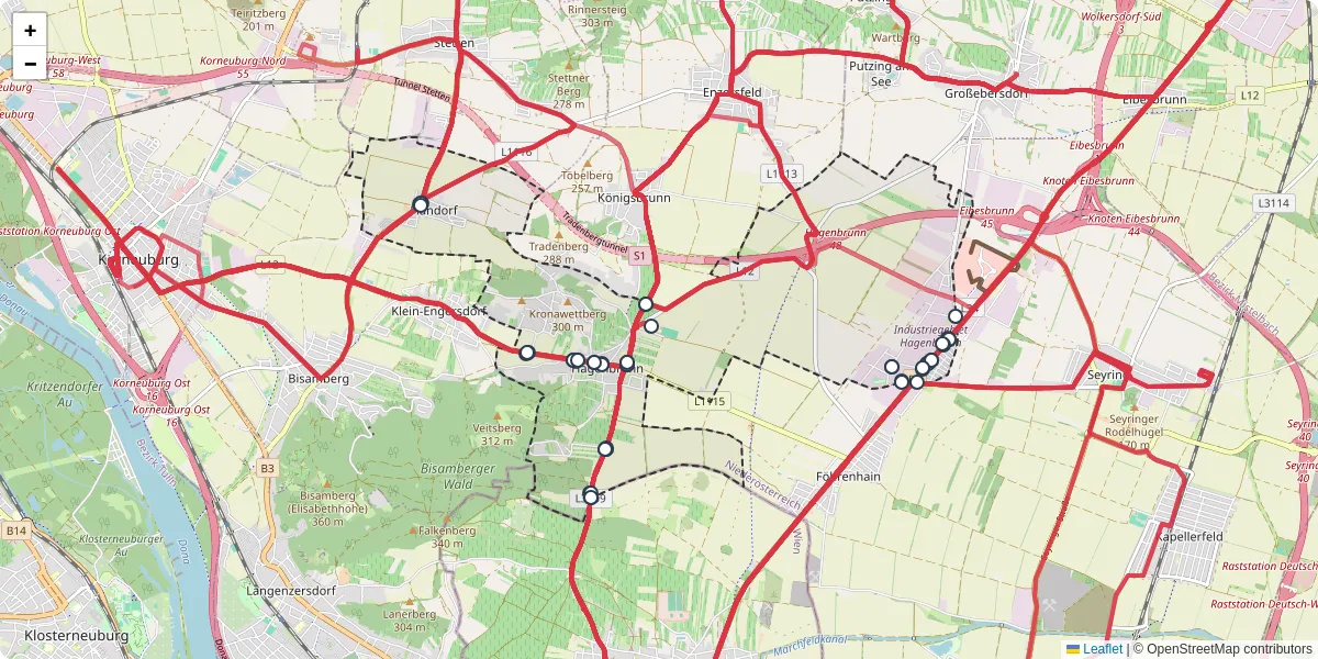 Nahverkehrsnetz in hagenbrunn, Österreich - Buslinien, Haltestellen und Verbindungen auf der Karte