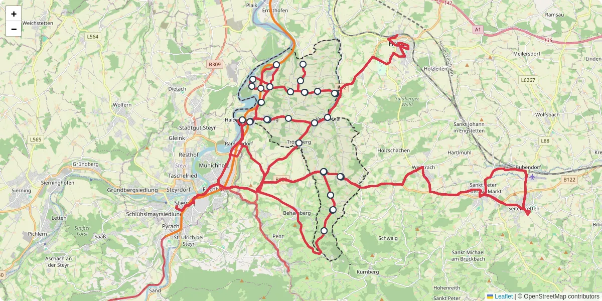 Nahverkehrsnetz in haidershofen, Österreich - Buslinien, Haltestellen und Verbindungen auf der Karte