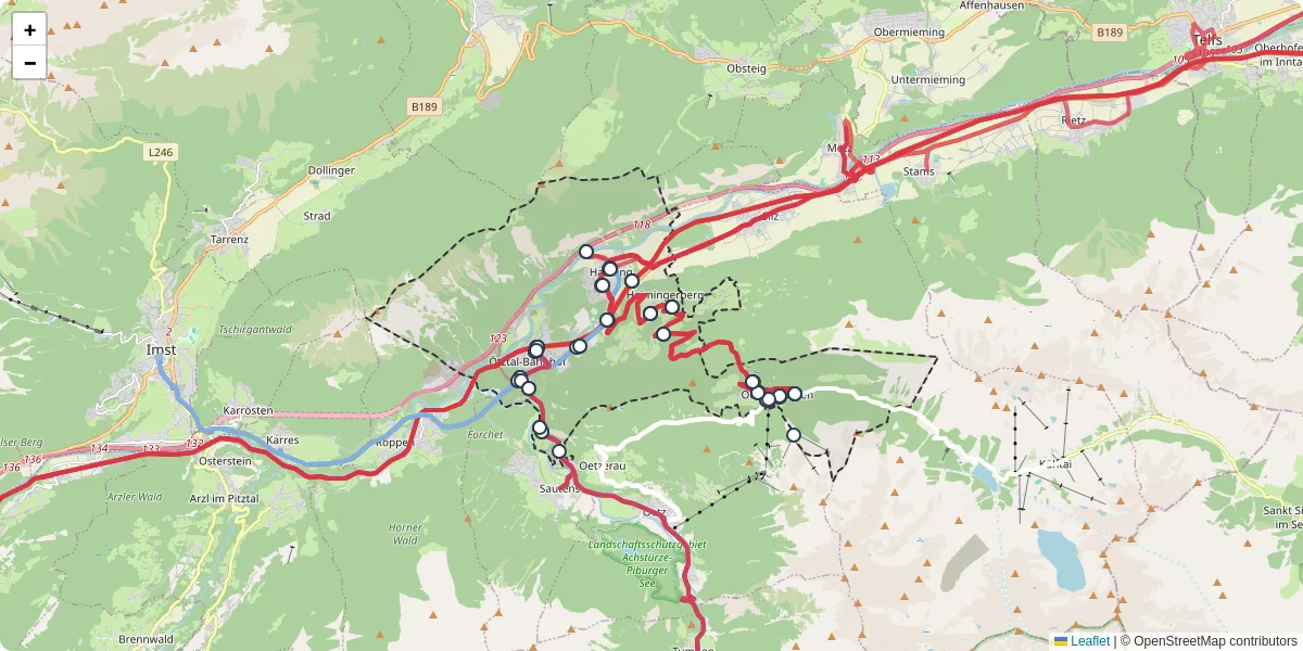 Nahverkehrsnetz in haiming, Österreich - Buslinien, Haltestellen und Verbindungen auf der Karte