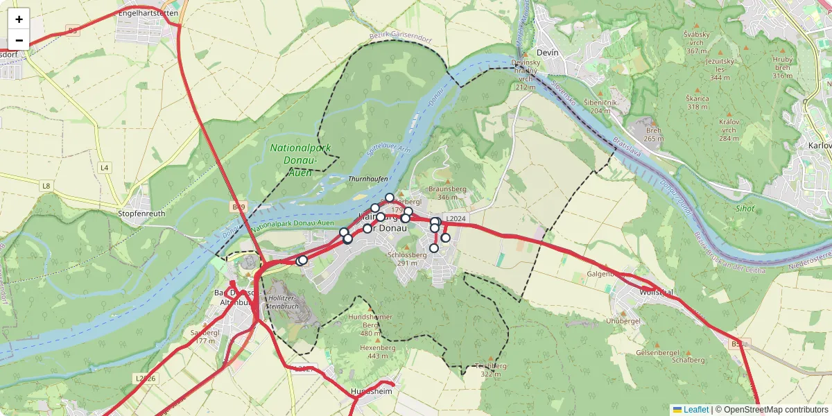 Nahverkehrsnetz in hainburg-an-der-donau, Österreich - Buslinien, Haltestellen und Verbindungen auf der Karte