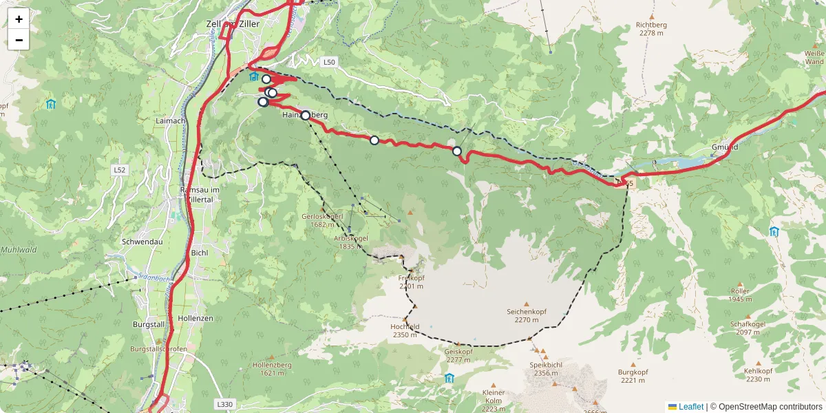 Nahverkehrsnetz in hainzenberg, Österreich - Buslinien, Haltestellen und Verbindungen auf der Karte