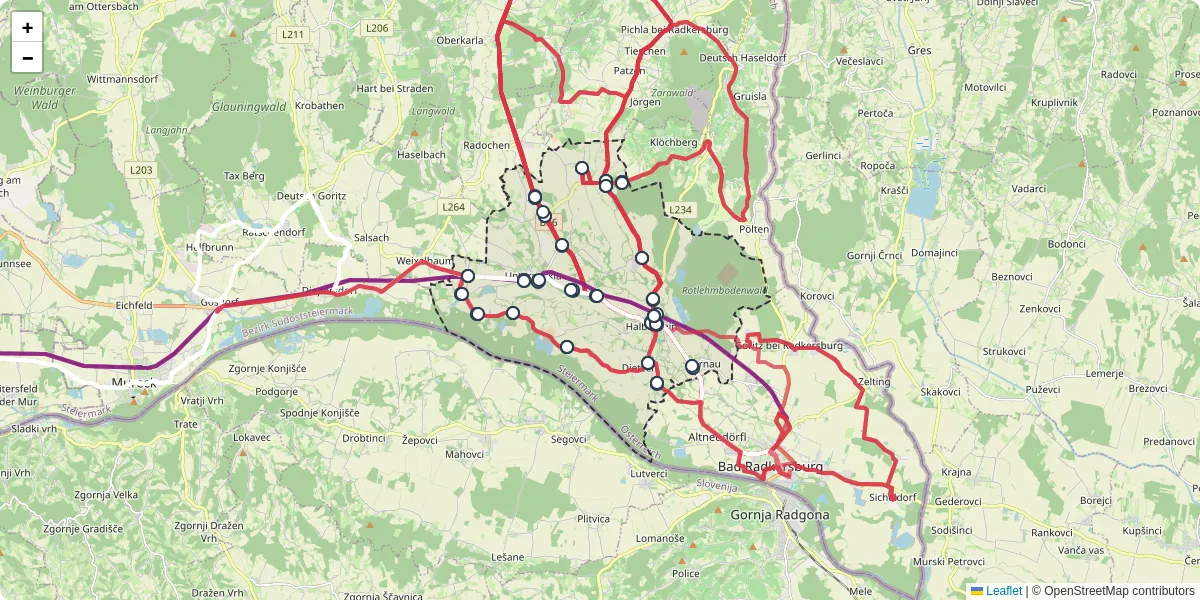 Nahverkehrsnetz in halbenrain, Österreich - Buslinien, Haltestellen und Verbindungen auf der Karte
