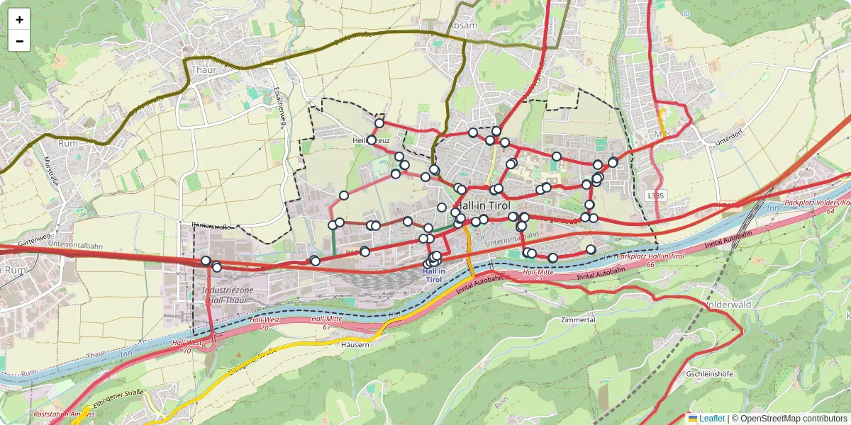 Nahverkehrsnetz in hall-in-tirol, Österreich - Buslinien, Haltestellen und Verbindungen auf der Karte