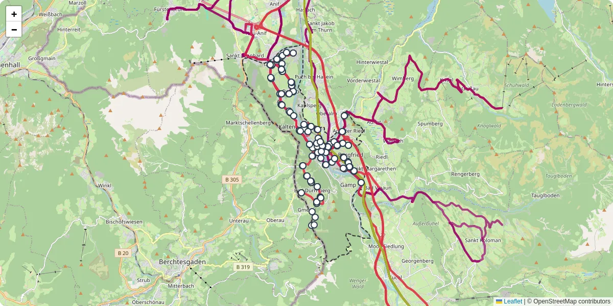 Nahverkehrsnetz in hallein, Österreich - Buslinien, Haltestellen und Verbindungen auf der Karte