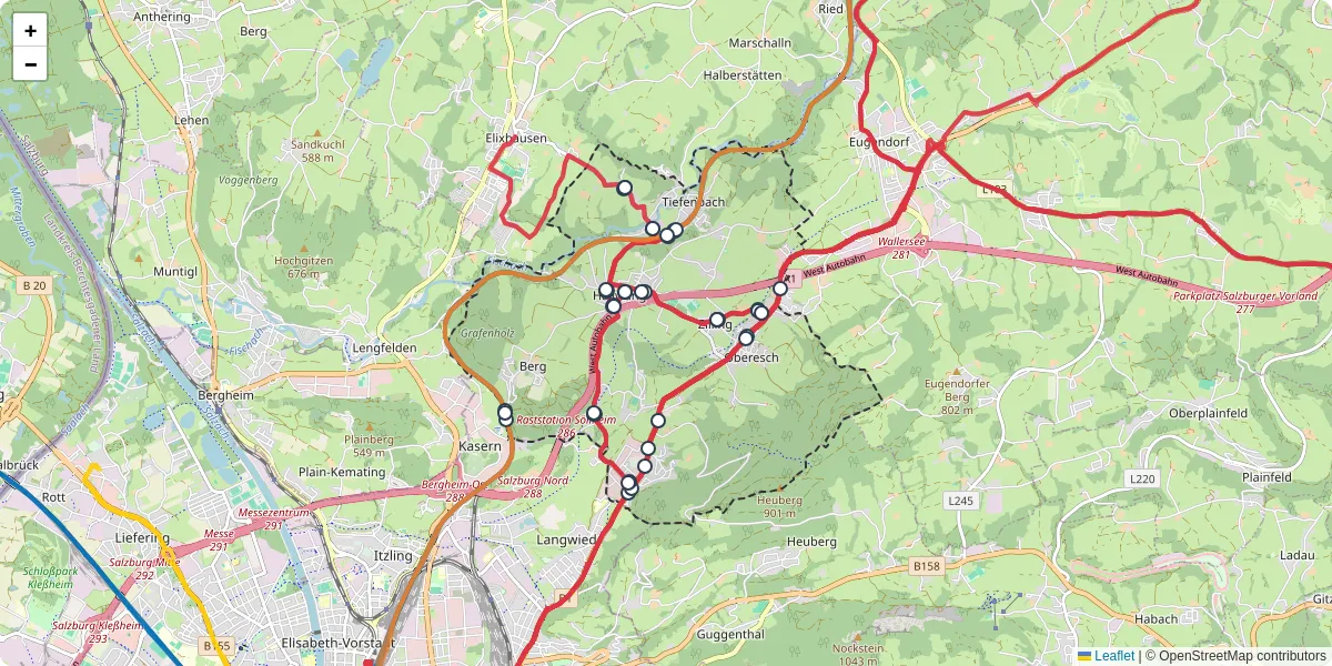 Nahverkehrsnetz in hallwang, Österreich - Buslinien, Haltestellen und Verbindungen auf der Karte