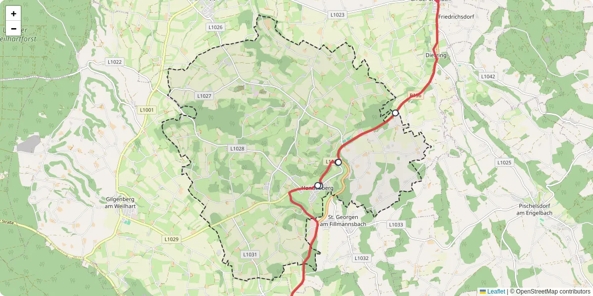 Nahverkehrsnetz in handenberg, Österreich - Buslinien, Haltestellen und Verbindungen auf der Karte