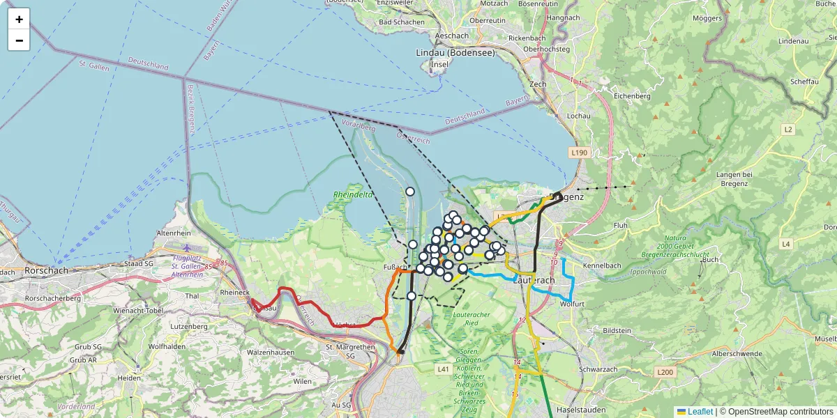Nahverkehrsnetz in hard, Österreich - Buslinien, Haltestellen und Verbindungen auf der Karte