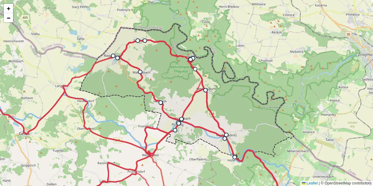 Nahverkehrsnetz in hardegg, Österreich - Buslinien, Haltestellen und Verbindungen auf der Karte