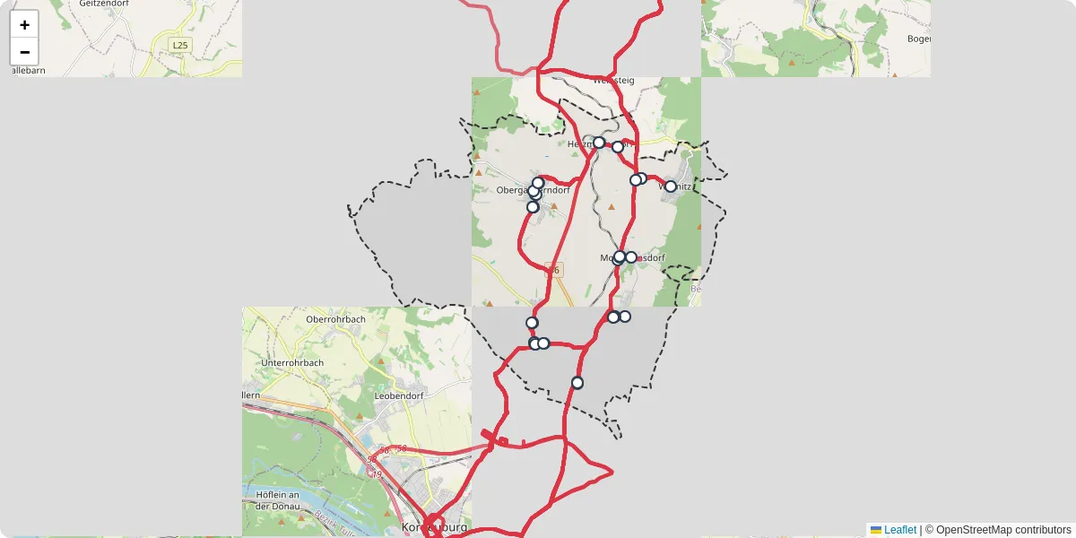 Nahverkehrsnetz in harmannsdorf, Österreich - Buslinien, Haltestellen und Verbindungen auf der Karte