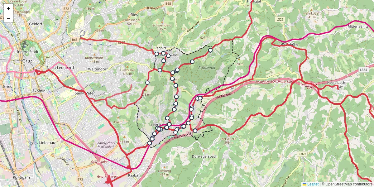 Nahverkehrsnetz in hart-bei-graz, Österreich - Buslinien, Haltestellen und Verbindungen auf der Karte