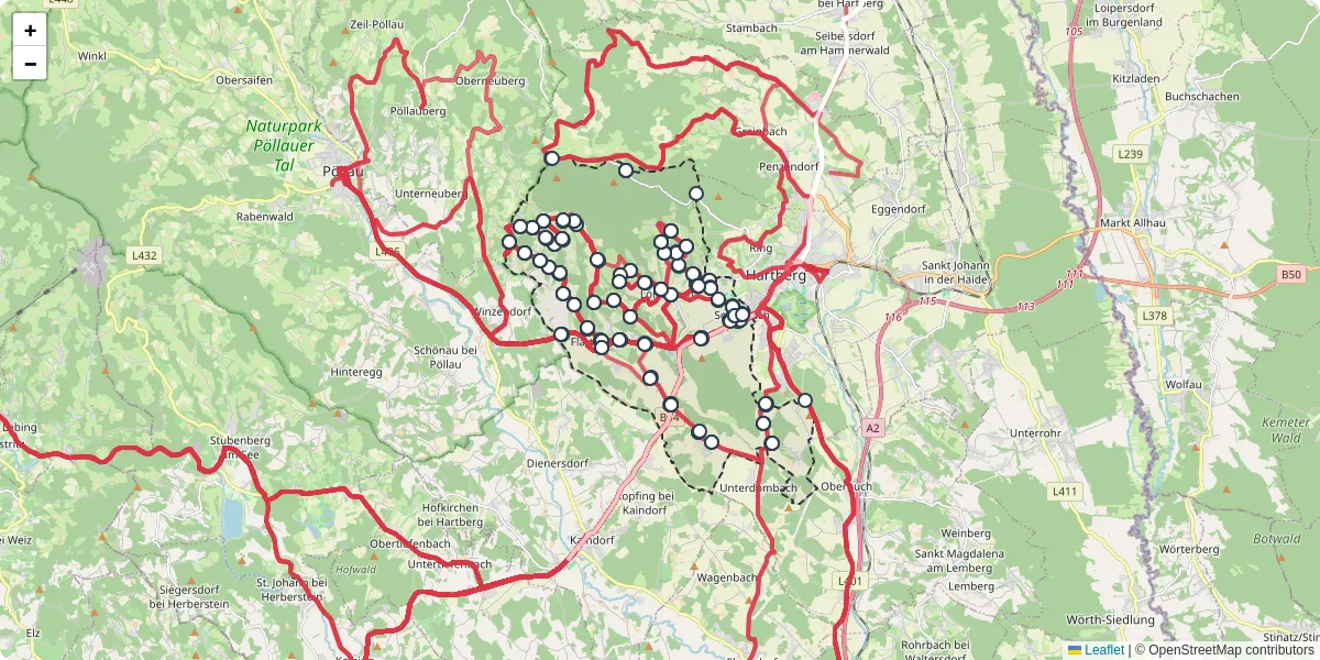 Nahverkehrsnetz in hartberg-umgebung, Österreich - Buslinien, Haltestellen und Verbindungen auf der Karte