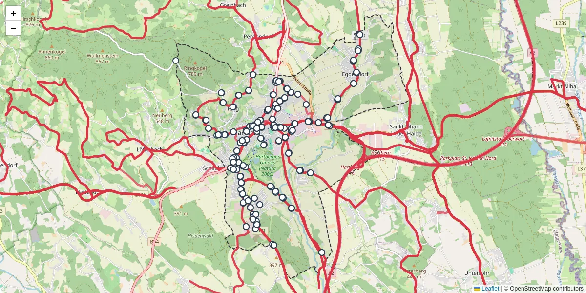 Nahverkehrsnetz in hartberg, Österreich - Buslinien, Haltestellen und Verbindungen auf der Karte