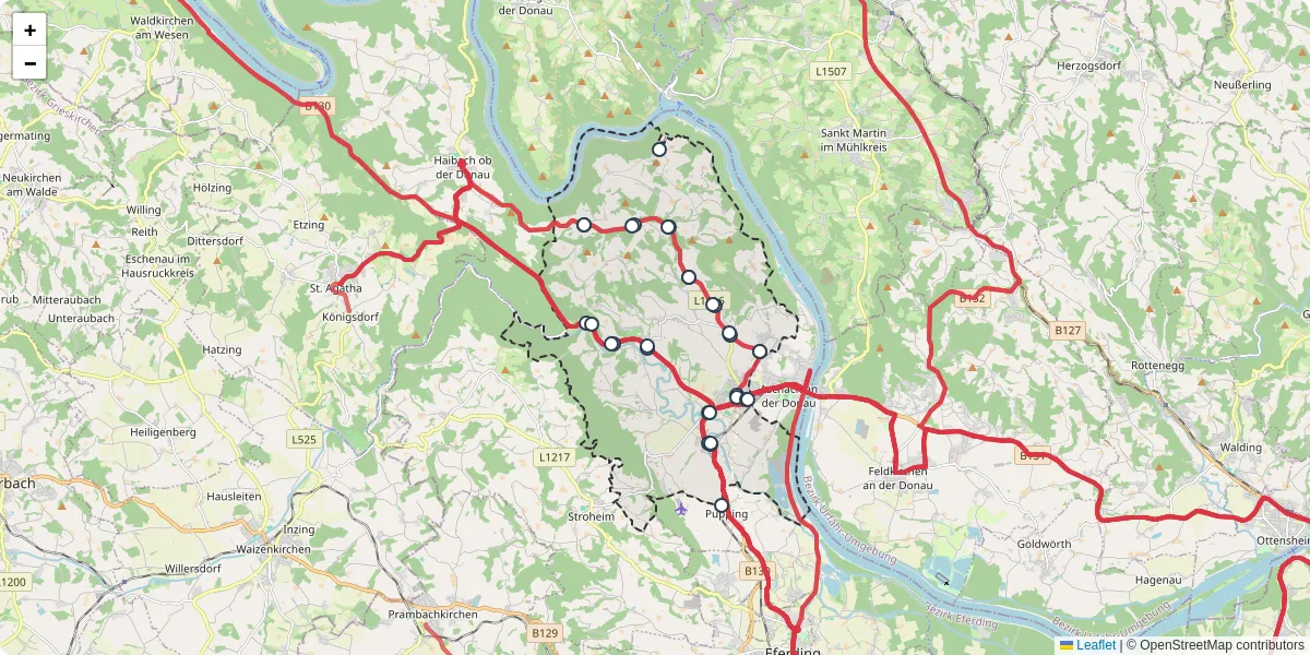 Nahverkehrsnetz in hartkirchen, Österreich - Buslinien, Haltestellen und Verbindungen auf der Karte