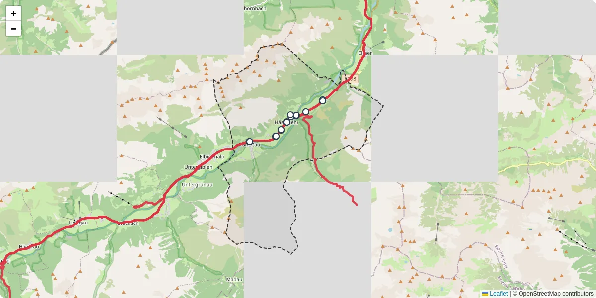 Nahverkehrsnetz in haselgehr, Österreich - Buslinien, Haltestellen und Verbindungen auf der Karte