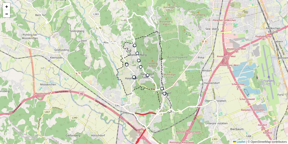 Nahverkehrsnetz in haselsdorf-tobelbad, Österreich - Buslinien, Haltestellen und Verbindungen auf der Karte