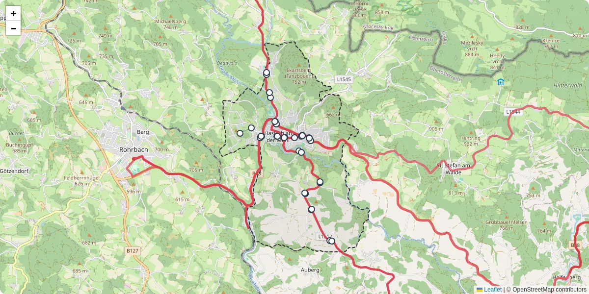Nahverkehrsnetz in haslach-an-der-muhl, Österreich - Buslinien, Haltestellen und Verbindungen auf der Karte
