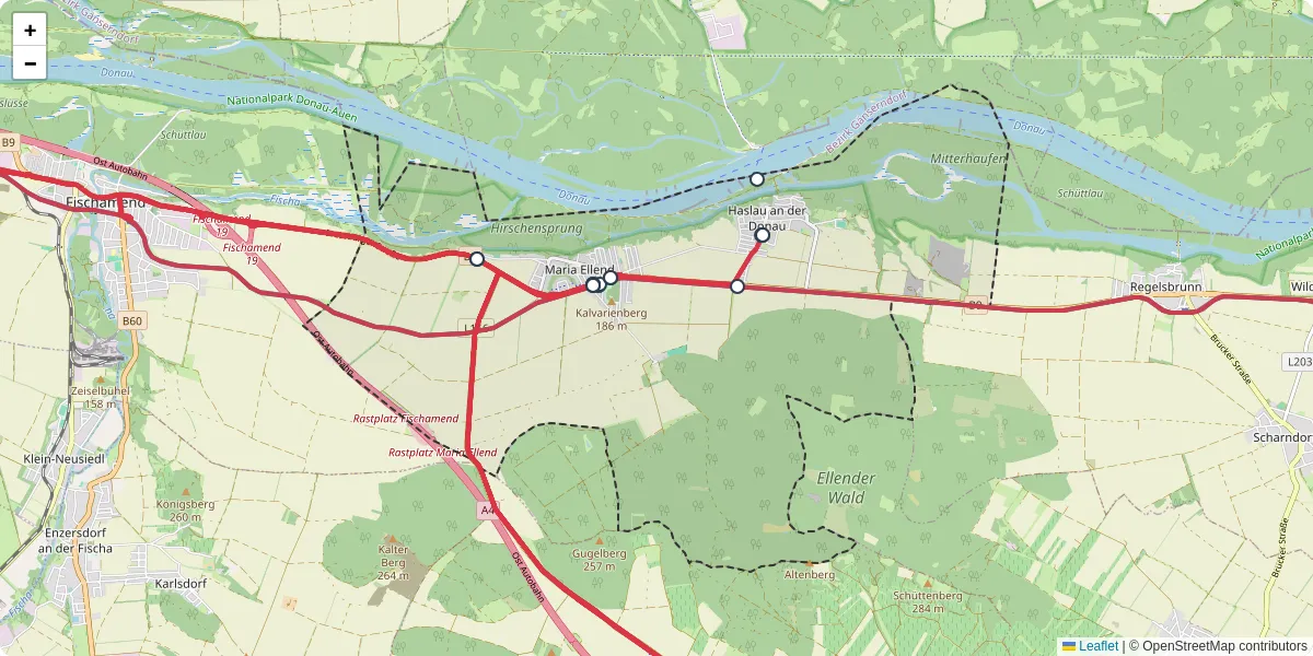 Nahverkehrsnetz in haslau-maria-ellend, Österreich - Buslinien, Haltestellen und Verbindungen auf der Karte