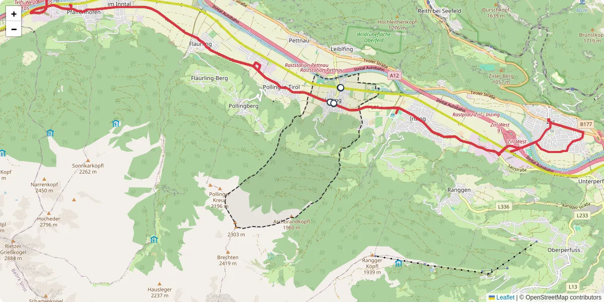 Nahverkehrsnetz in hatting, Österreich - Buslinien, Haltestellen und Verbindungen auf der Karte