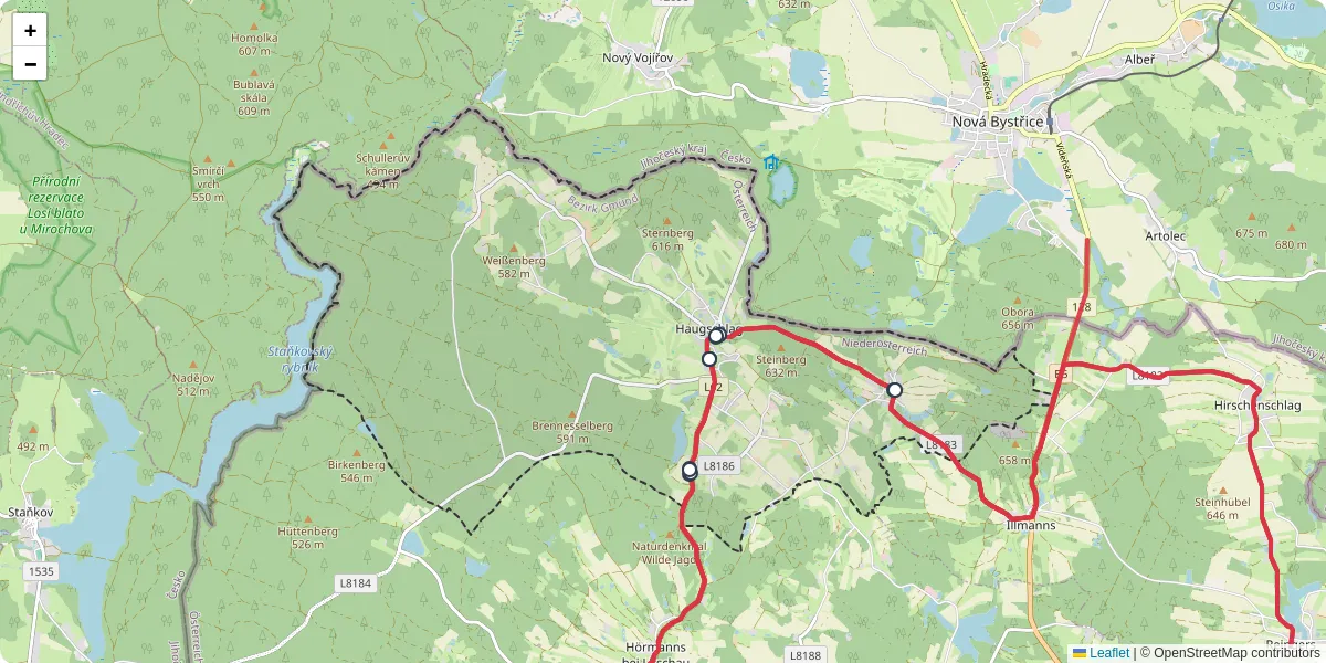 Nahverkehrsnetz in haugschlag, Österreich - Buslinien, Haltestellen und Verbindungen auf der Karte
