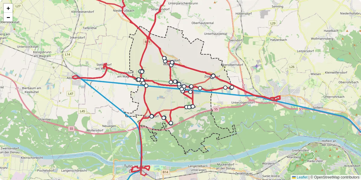 Nahverkehrsnetz in hausleiten, Österreich - Buslinien, Haltestellen und Verbindungen auf der Karte