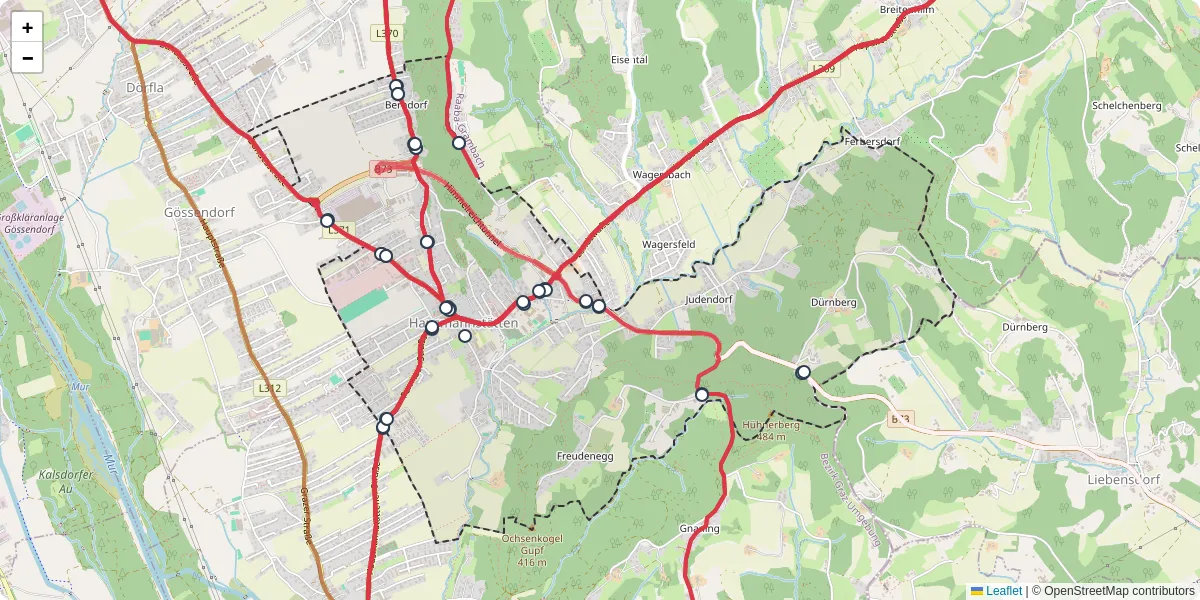 Nahverkehrsnetz in hausmannstatten, Österreich - Buslinien, Haltestellen und Verbindungen auf der Karte