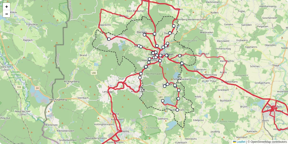 Nahverkehrsnetz in heidenreichstein, Österreich - Buslinien, Haltestellen und Verbindungen auf der Karte
