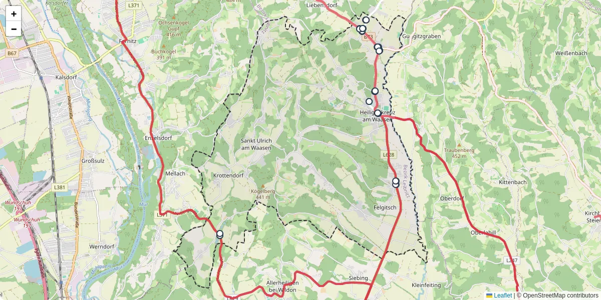 Nahverkehrsnetz in heiligenkreuz-am-waasen, Österreich - Buslinien, Haltestellen und Verbindungen auf der Karte