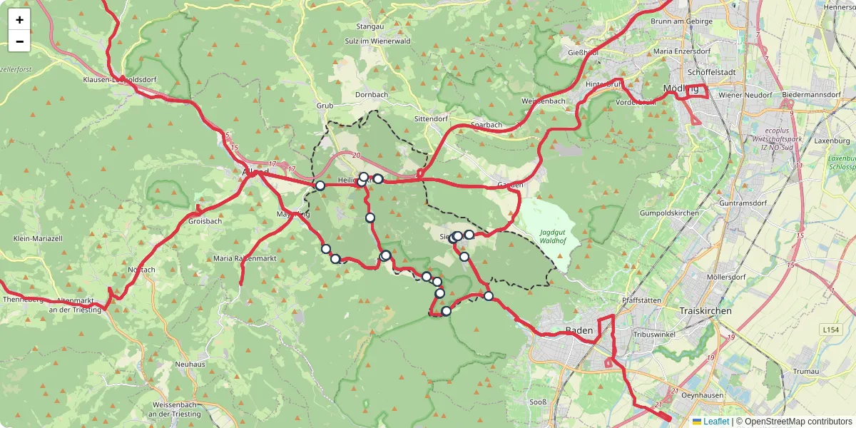 Nahverkehrsnetz in heiligenkreuz, Österreich - Buslinien, Haltestellen und Verbindungen auf der Karte