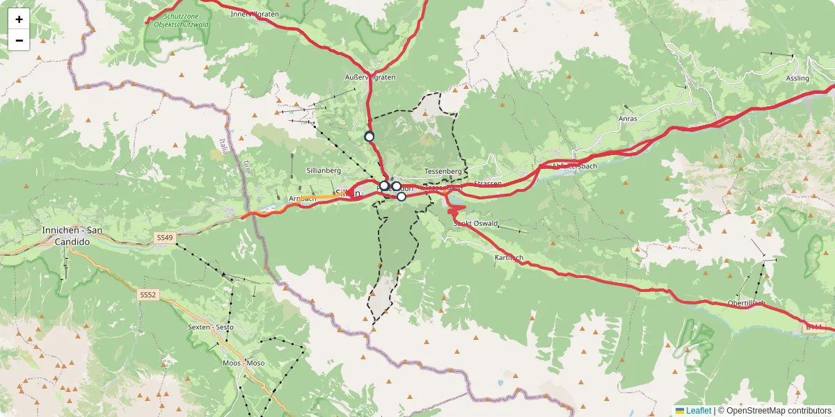 Nahverkehrsnetz in heinfels, Österreich - Buslinien, Haltestellen und Verbindungen auf der Karte