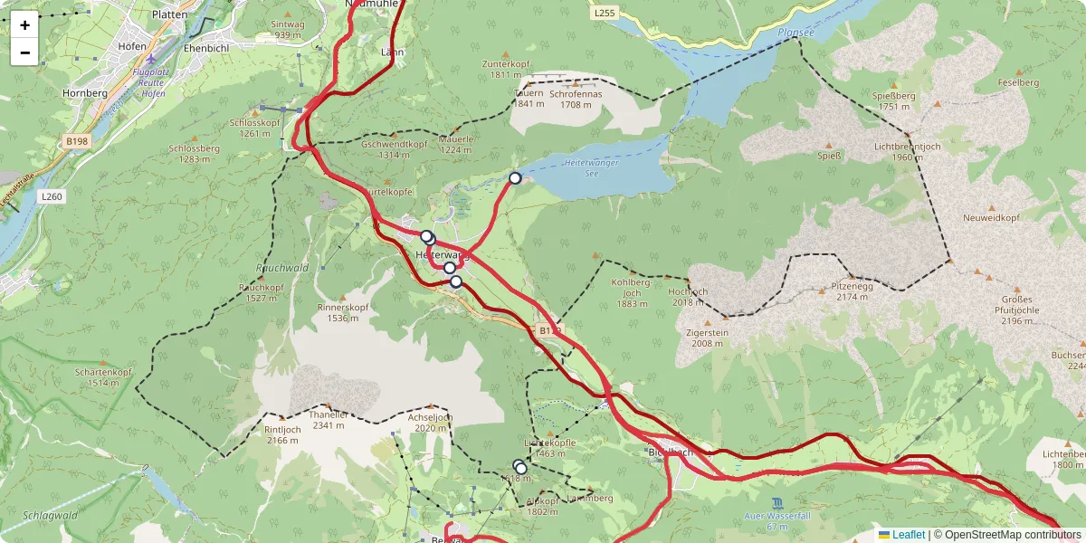 Nahverkehrsnetz in heiterwang, Österreich - Buslinien, Haltestellen und Verbindungen auf der Karte