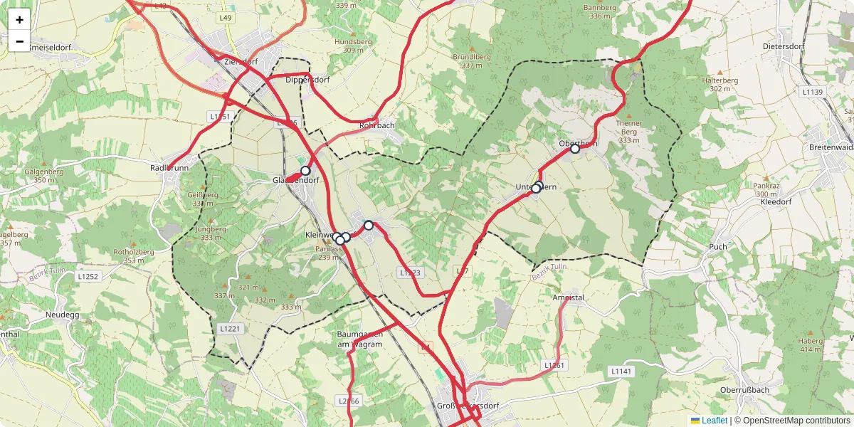 Nahverkehrsnetz in heldenberg, Österreich - Buslinien, Haltestellen und Verbindungen auf der Karte