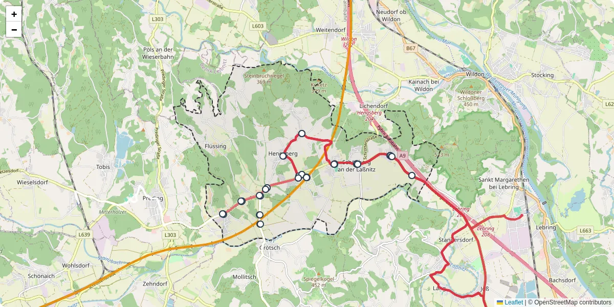 Nahverkehrsnetz in hengsberg, Österreich - Buslinien, Haltestellen und Verbindungen auf der Karte